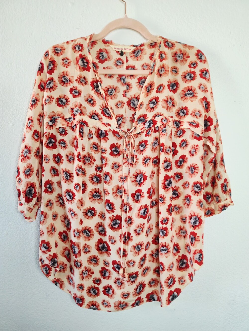 Rebecca Taylor 100% Silk Peach Floral Tassel Tie Neck Blouse Size 0
